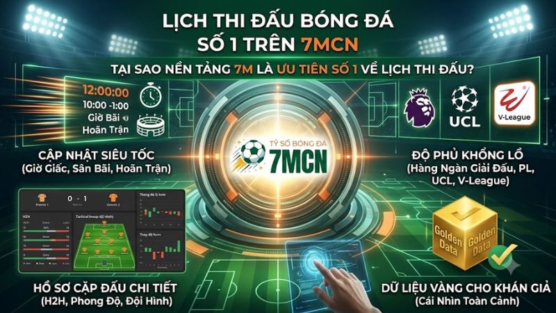 Giao diện trực quan hiển thị lịch thi đấu bóng đá chuẩn xác, cập nhật liên tục trên nền tảng 7m