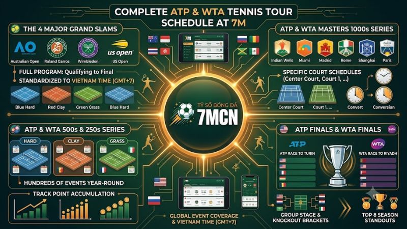Lịch thi đấu chi tiết các giải Tennis Grand Slam và ATP Masters trên hệ thống 7m